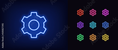 Outline neon gear icon. Glowing neon gearwheel silhouette, cogwheel pictogram. Setting process