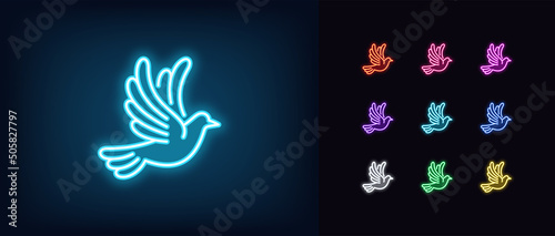 Outline neon dove icon. Glowing neon flying dove silhouette, pigeon pictogram. Peace bird