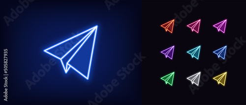 Outline neon paper plane icon. Glowing neon airplane silhouette, message sending pictogram. Letter mailing