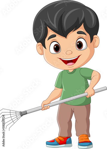 Cartoon little boy holding a rake