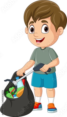 Cartoon boy collecting plastic garbage with litter stick
