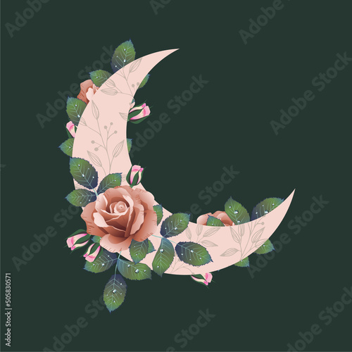 Beige crescent with rose and leaves. For print for T-shirts and bags, decor element.
