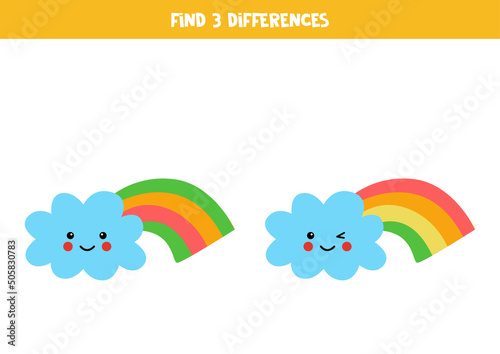Find 3 differences between two cute rainbow clouds.