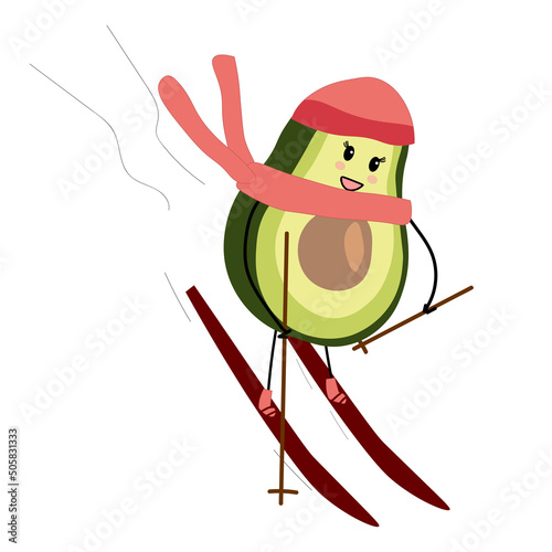 Vector illustration winter character avocado girl skiing. Skiing.