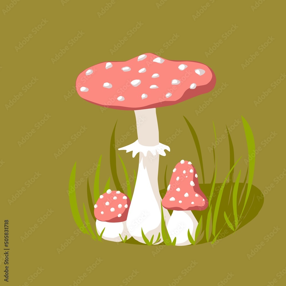 Bright fly agarics isolated on a khaki background.