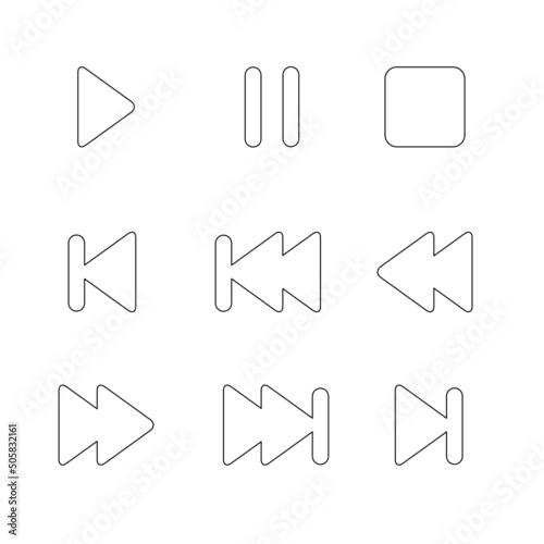 Media player icon set. Outline black and white color. Play, pause, stop, rewind buttons.