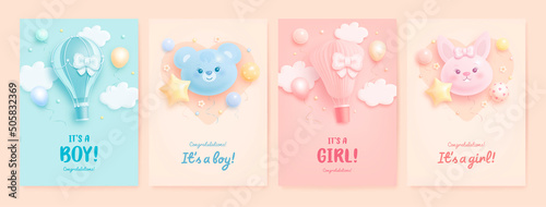 Set of baby shower invitation with cartoon bear, bunny, hot air balloon and flowers on blue, pink and beige background. It's a boy. It's a girl. Vector illustration