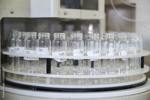 Samples at a total organic carbon (TOC) analyzer autosampler. photo