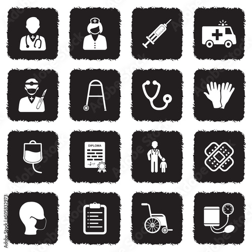 Doctor and Nurse Icons. Grunge Black Flat Design. Vector Illustration.