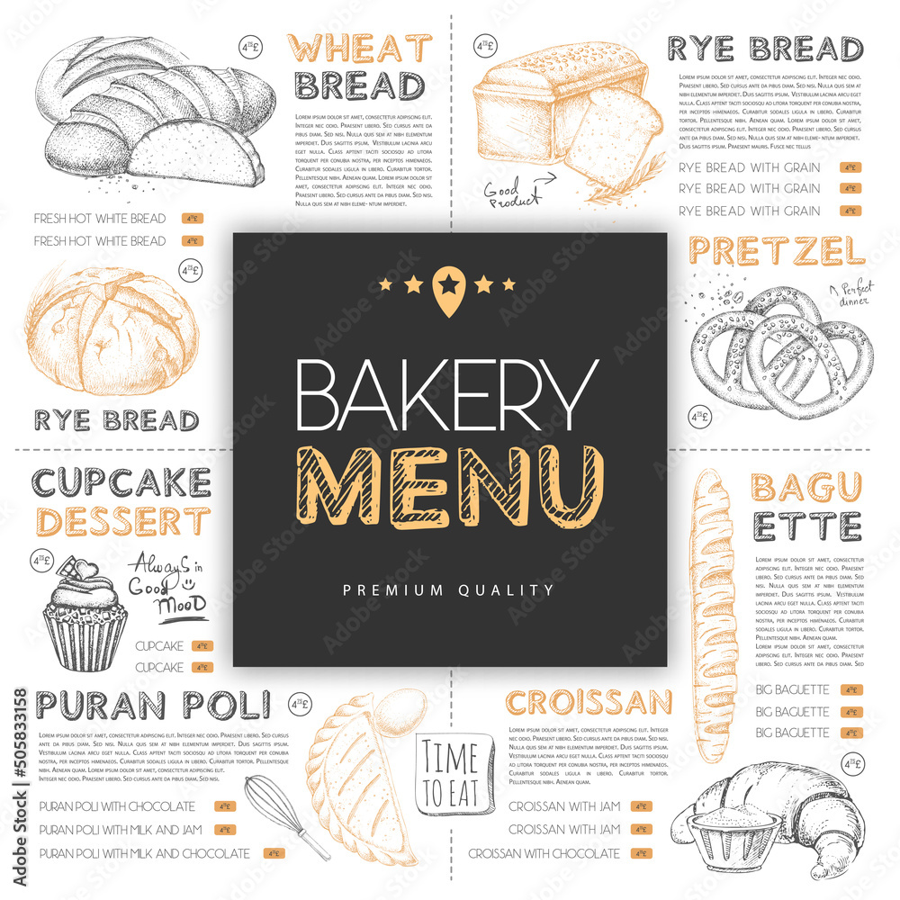 Obraz premium Bakery restaurant menu design with hand drawing different kinds of bread. Vector illustration