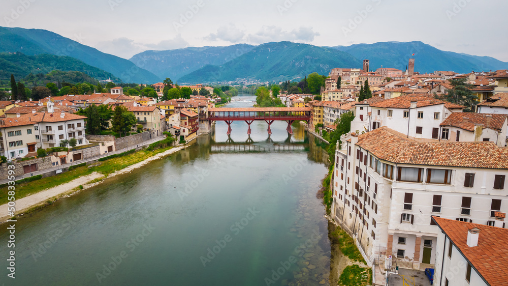 Aerial View of the Alpini Bridge with the Brenta River in Bassano del Grappa, Vicenza, Veneto, Italy, Europe