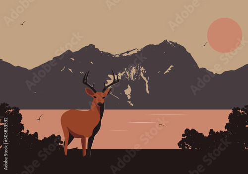 Illustration with deer, landscape with mountain and Lake.