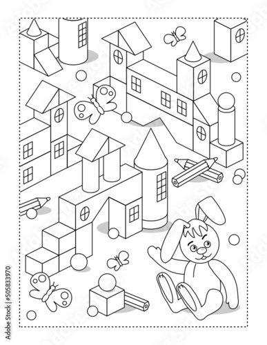Coloring page with toy town built of various building blocks and retro stuffed toy hare
