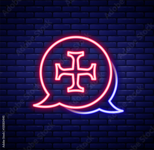 Glowing neon line Crusade icon isolated on brick wall background. Colorful outline concept. Vector
