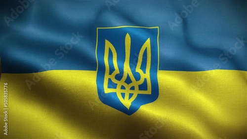 Waving Flag of Ukraine with Blue-Yellow Colors and Coat of Arms that Mean Liberty of Ukrainians, placed in centre on highly detailed fabric texture. National Symbol of Unconquered, War, Invasion