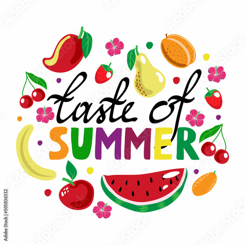 Summer template  exotic fruits and leaves banner  summer vector illustration in cartoon style. Watermelon  mango  banana  apple  strawberry and cherry. Bright summer background.