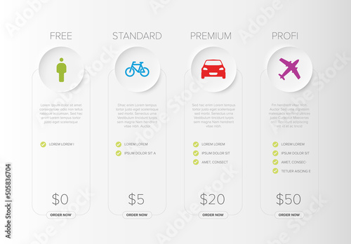 Pricing table light template with four product cards