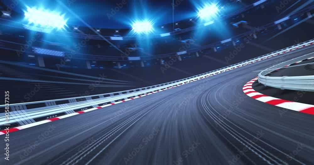 Starting race from pole position on illuminated racing circuit and dawn sky on background. Professional automotive and sports 4K video in seamless loop.