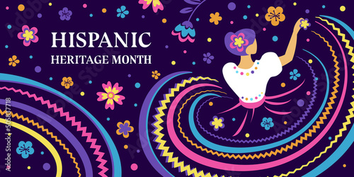 Hispanic heritage month. Vector web banner, poster, card for social media, networks. Greeting with national Hispanic heritage month text, flowers and dancing woman on floral pattern background photo