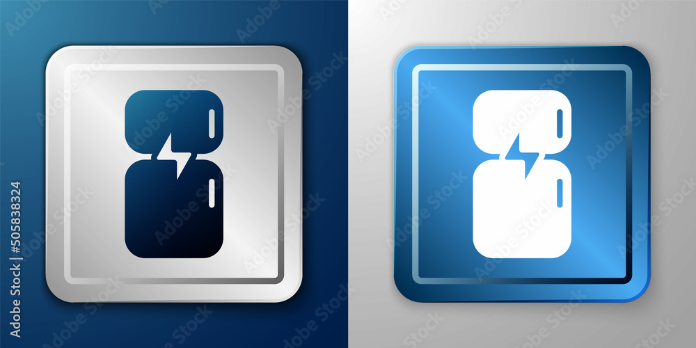 White Refrigerator icon isolated on blue and grey background. Fridge freezer refrigerator. Household tech and appliances. Silver and blue square button. Vector White Refrigerator icon isolated on blue and grey background. Fridge freezer refrigerator. Household tech and appliances. Silver and blue square button. Vector