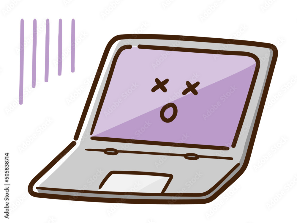 Φωτογραφία しんどい表情をするかわいいノートパソコンの手書き風イラスト