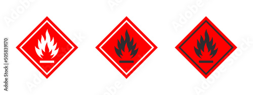 Flammable materials warning sign. Sign danger flammable liquids or materials. Flammable substances icons set. Vector icons