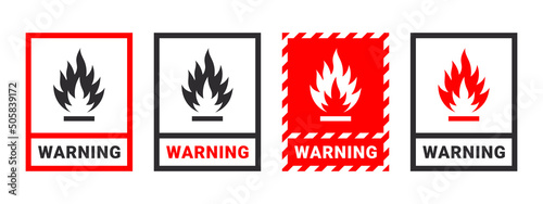 Warning sign. Sign danger flammable liquids or materials. Flammable substances icons set. Vector icons photo