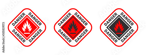 Warning sign flammable liquids or materials. Flammable substances icons set. Vector icons