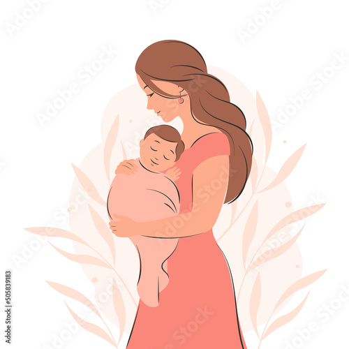 Woman holding baby in her arms. Pregnancy and breastfeeding concept. Vector illustration.