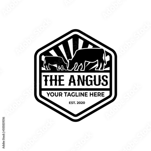 Two cows logo, hexagon angus emblem label, western cattle design