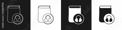 Set Audio book icon isolated on black and white background. Book with headphones. Audio guide sign. Online learning concept. Vector