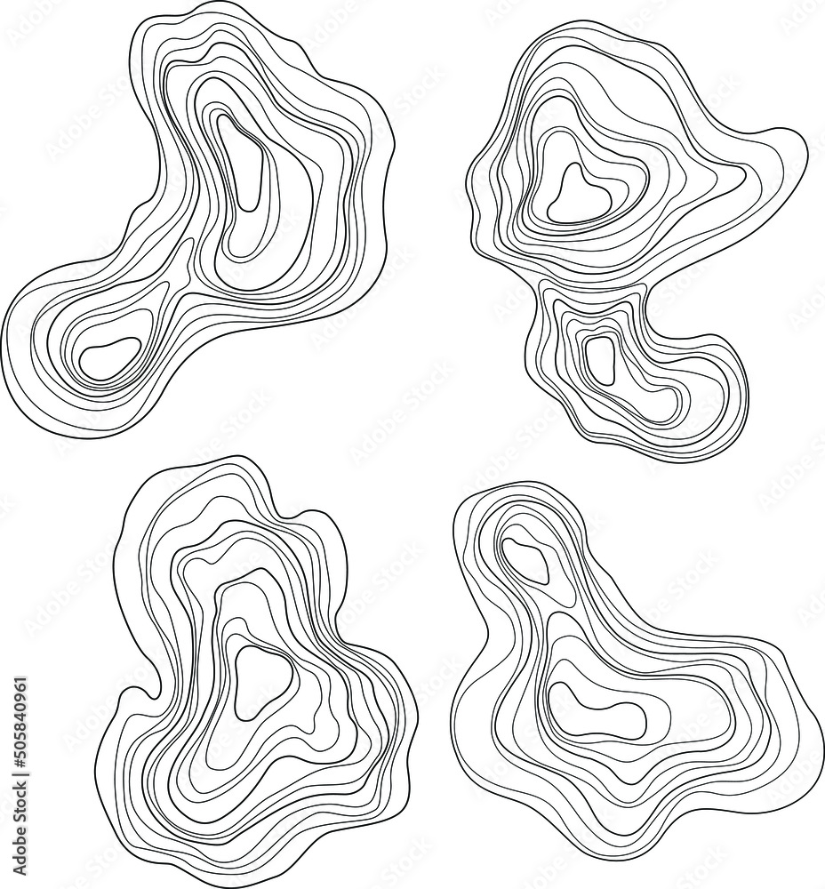Set of abstract tree rings. Vector topographic map design elements. Contour map concept. Thin wavy lines.