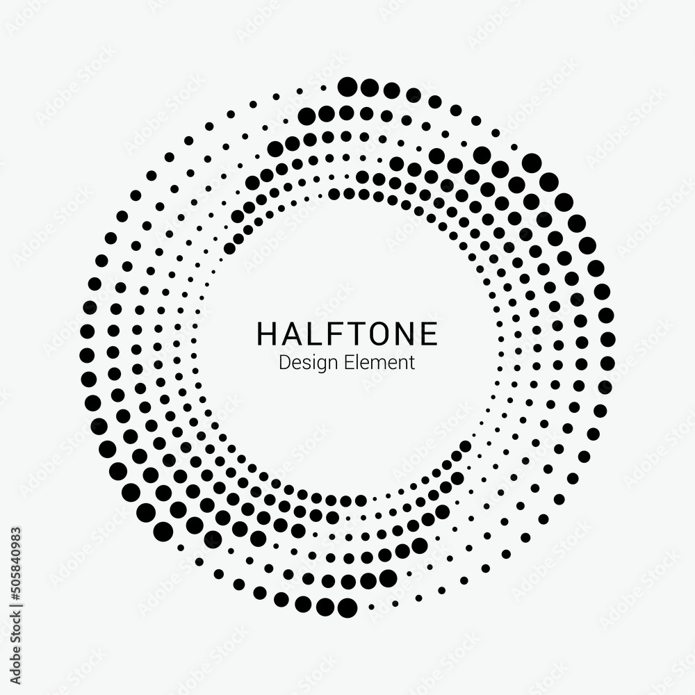 Halftone circular frame logo. Circle dots isolated on the white background. Fabric design element. Halftone circle dots texture. Vector design element for various purposes.