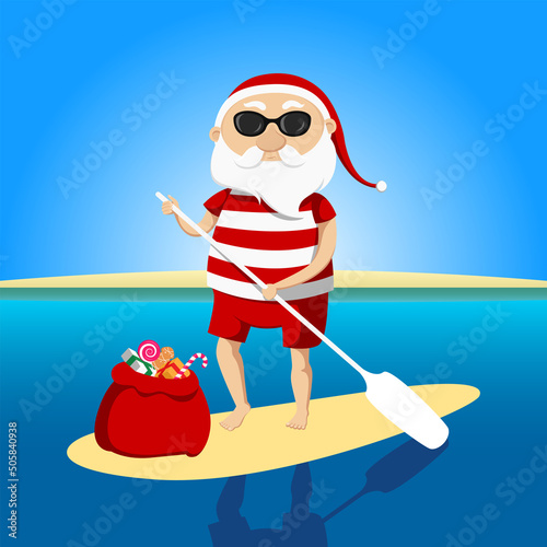 Santa Claus on SUP board. Vector illustration.