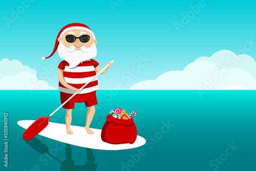 Santa Claus on standup paddleboard. Vector illustration.