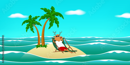 Reindeer resting on desert island in deck chair. Vector illustration.