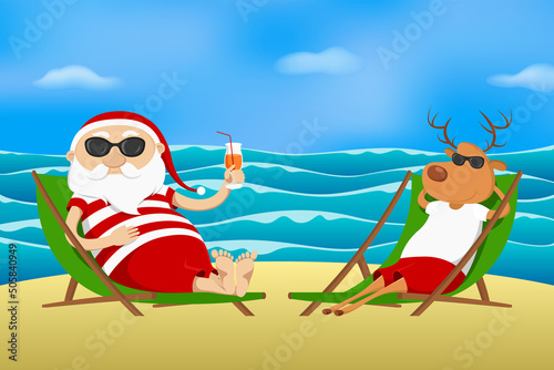 Santa and reindeer on vacation. Vector illustration.