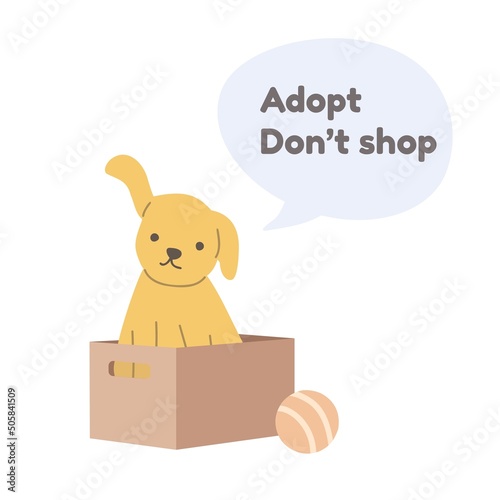 Cute homeless dog or puppy inside a cardboard box asks for the adoption. Don't shop adopt lettering. Adopt a pet vector illustration for animal shelter.