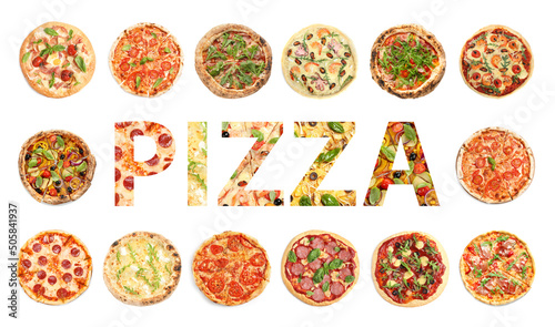 Set with different tasty pizzas and word on white background, top view