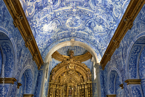 blue azulejos on wall and on the ceiling inside the Church of Sao Lourenço in Almancil, Algarve, Portugal