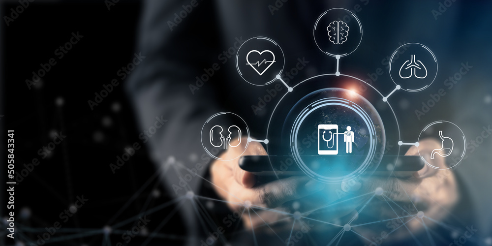 Digital healthcare and medical concept. Telemedicine, VR medical interface with internet consultation technology. Medical technology network connection. Critical illness care and insurance. Digital healthcare and medical concept. Telemedicine, VR medical interface with internet consultation technology. Medical technology network connection. Critical illness care and insurance.