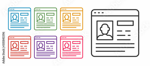 Set line Resume icon isolated on white background. CV application. Searching professional staff. Analyzing personnel resume. Set icons colorful. Vector