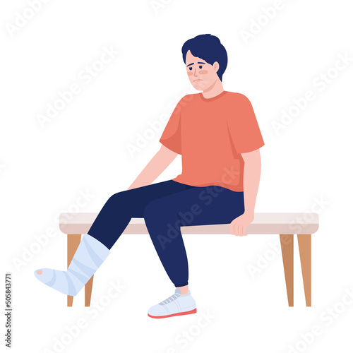 Patient with gypsum on leg semi flat color vector character. Sitting figure. Full body person on white. Traumatology simple cartoon style illustration for web graphic design and animation