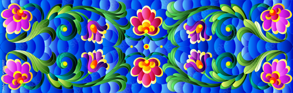 Illustration in stained glass style with abstract swirls,flowers and leaves on a blue background,horizontal orientation Illustration in stained glass style with abstract swirls,flowers and leaves on a blue background,horizontal orientation