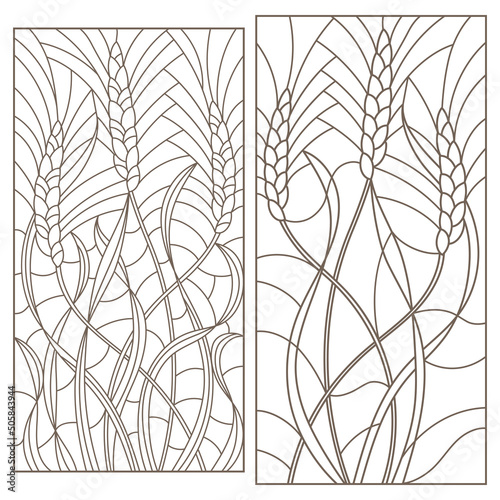 Set of contour illustrations of stained glass with wheat germ, rectangular images, dark contours on a white background