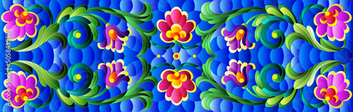 Illustration in stained glass style with abstract  swirls flowers and leaves  on a blue background horizontal orientation