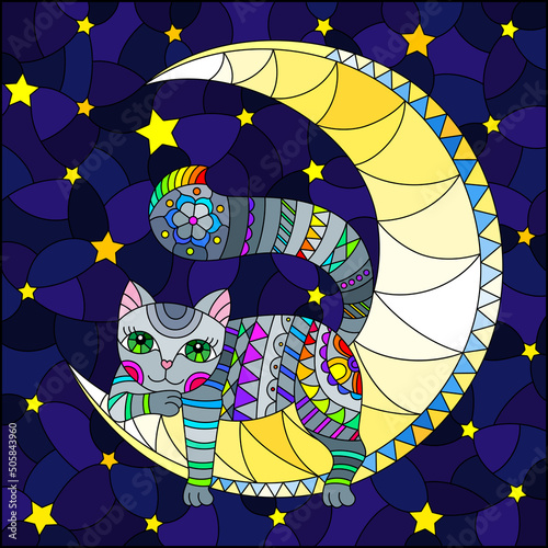 An illustration in the style of a stained glass window with a cute cartoon cat on the moon against the background of the night starry sky