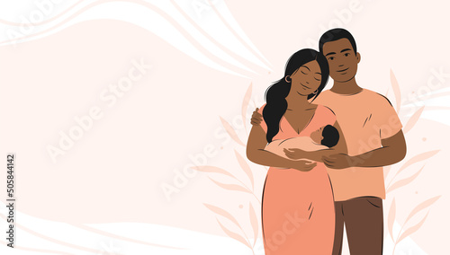 Happy family with newborn. Dark skinned parents with child, woman holding baby in her arms. Banner about pregnancy and breastfeeding with place for text. Vector illustration.