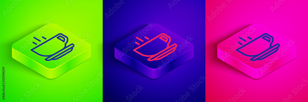 Isometric line Coffee cup icon isolated on green, blue and pink background. Tea cup. Hot drink coffee. Square button. Vector Isometric line Coffee cup icon isolated on green, blue and pink background. Tea cup. Hot drink coffee. Square button. Vector