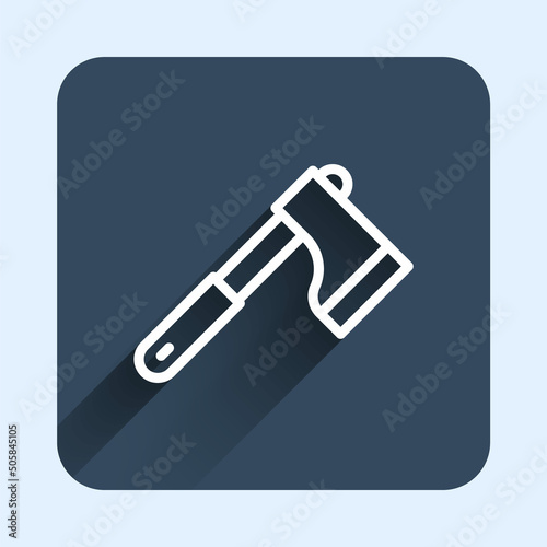 White line Wooden axe icon isolated with long shadow background. Lumberjack axe. Blue square button. Vector